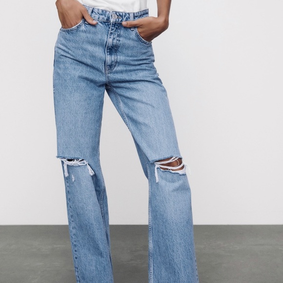 Zara Jeans Zara High Rise Wide Leg Full Length Ripped Jeans Poshmark